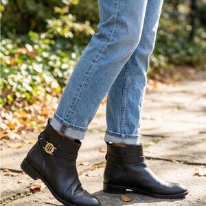 Women's Tommy Hilfiger Black Leather Ankle Boots with Logo Buckle